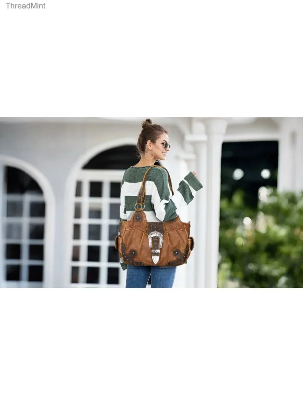 Women's Vegan Leather Hobo Handbag with Metal Studs, Adjustable Crossbody Strap